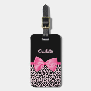 Girly Pink Black Leopard Print Cute Bow and Name Luggage Tag