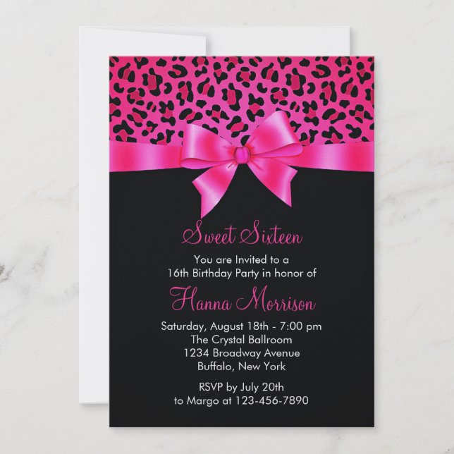 Girly Pink Black Leopard Print Elegant Sweet 16 Invitation (Front)