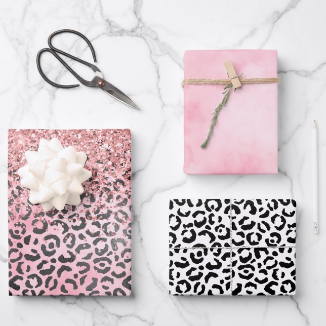  Girly Pink Black Leopard Print Glitter         Wrapping Paper Sheet (Front)
