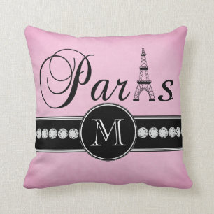 Girly Pink Black Paris Monogrammed Cushion