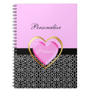Girly Pink Black Princess Giraffe Print and Name Spiral Notebook