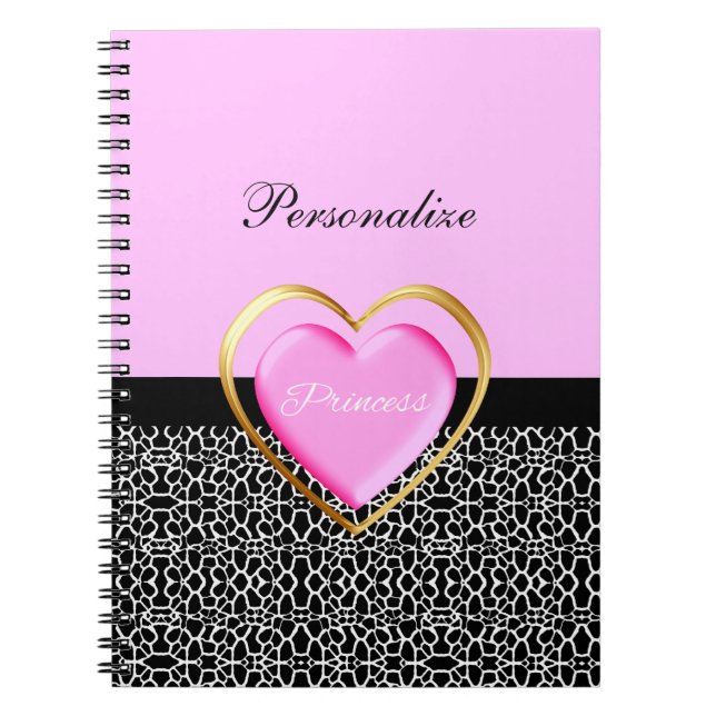 Girly Pink Black Princess Giraffe Print and Name Spiral Notebook (Front)