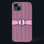 Girly Pink Black Retro Striped Monogram Pattern iPhone 13 Case<br><div class="desc">This cute, girly, slightly retro design shows pink, light pink and black stripes and a space that you can personalise / customise. Just add your own monogram / initial in the "Personalise It" field. The squared font gives the monogram a slightly art deco look. This is a bright, colourful, pretty,...</div>