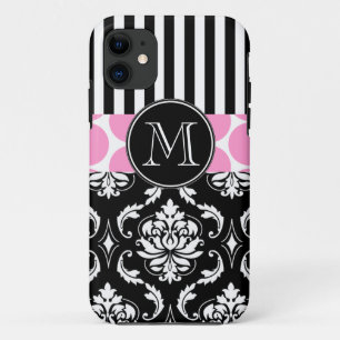 GIRLY PINK BLACK STRIPES DAMASK MONOGRAM Case-Mate iPhone CASE