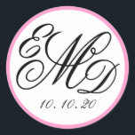 Girly Pink, Black Three Initials Monogram Wedding Classic Round Sticker<br><div class="desc">Simple, elegant script font in black and white three letter monogram logo with wedding date on a girly pink background colour. Use these stylish stickers as save the date stickers, wedding favour labels or as envelope seals as an added touch. Contact luxuryweddinginvitations@gmail.com for other initials, colours or help designing your...</div>