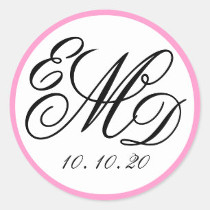 Girly Pink, Black Three Initials Monogram Wedding Classic Round Sticker