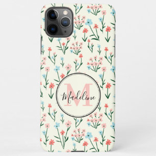 Girly Pink Blue Flowers Pattern Elegant Monogram iPhone 11Pro Max Case