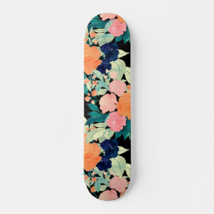 Girly Pink Blue & Orange Floral paint black design Skateboard