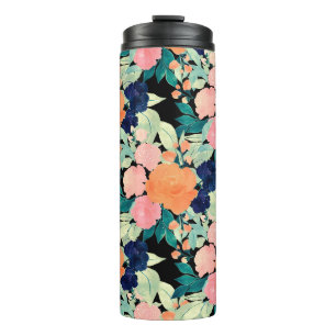 Girly Pink Blue & Orange Floral paint black design Thermal Tumbler