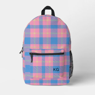 Girly Pink & Blue Plaid Monogram Initials Printed Backpack