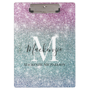 Girly Pink Blue Purple Glitter Monogram Name Clipboard