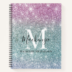 Girly Pink Blue Purple Glitter Monogram Name Notebook