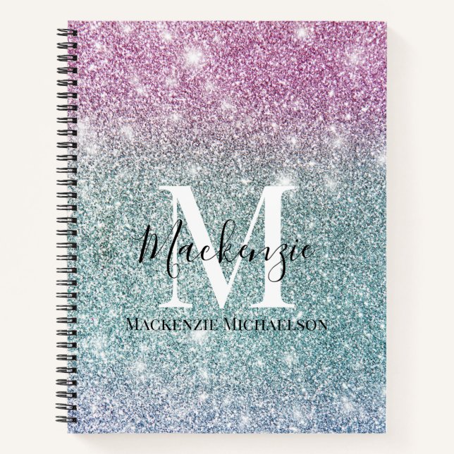 Girly Pink Blue Purple Glitter Monogram Name Notebook (Front)
