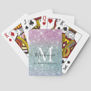 Girly Pink Blue Purple Glitter Monogram Name Playing Cards