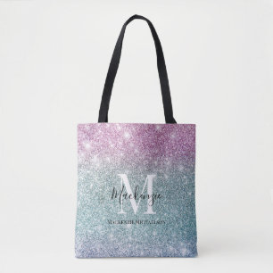 Girly Pink Blue Purple Glitter Monogram Name  Tote Bag