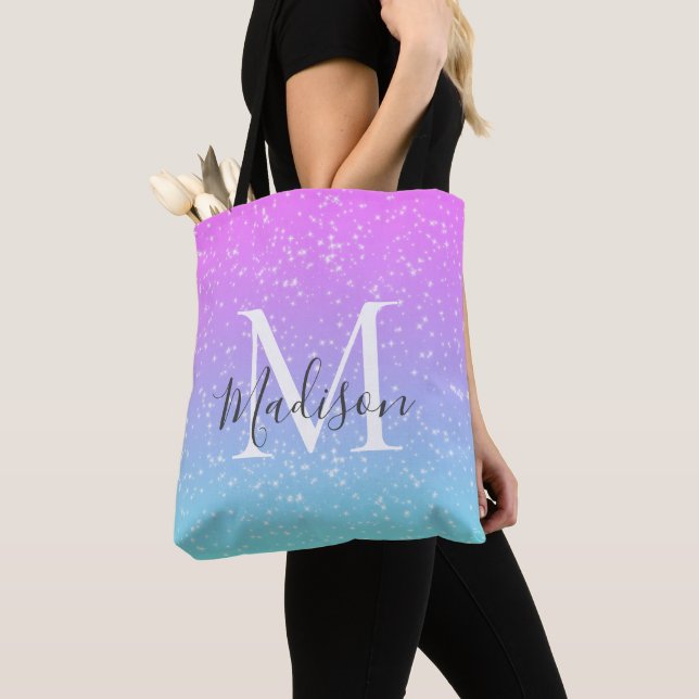 Girly Pink Blue Rainbow Star Glitter Monogram Name Tote Bag (Close Up)