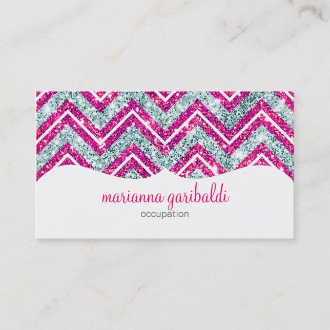 Girly Pink & Blue Sparkly Faux Glitter Chevron Business Card (Front)