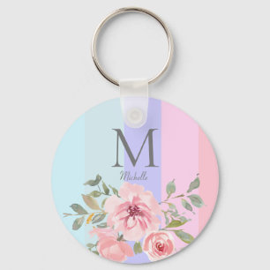 Girly Pink Blue Striped Floral Monogram Key Ring