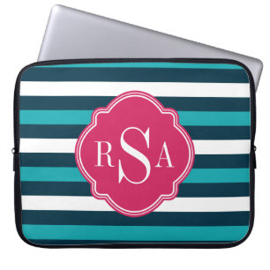 Girly Pink Blue White Striped Pattern Monogram Laptop Sleeve