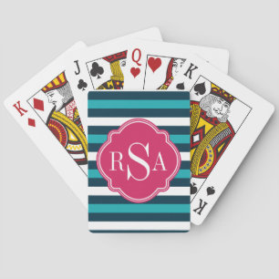 Girly Pink Blue White Striped Pattern Monogram Playing Cards