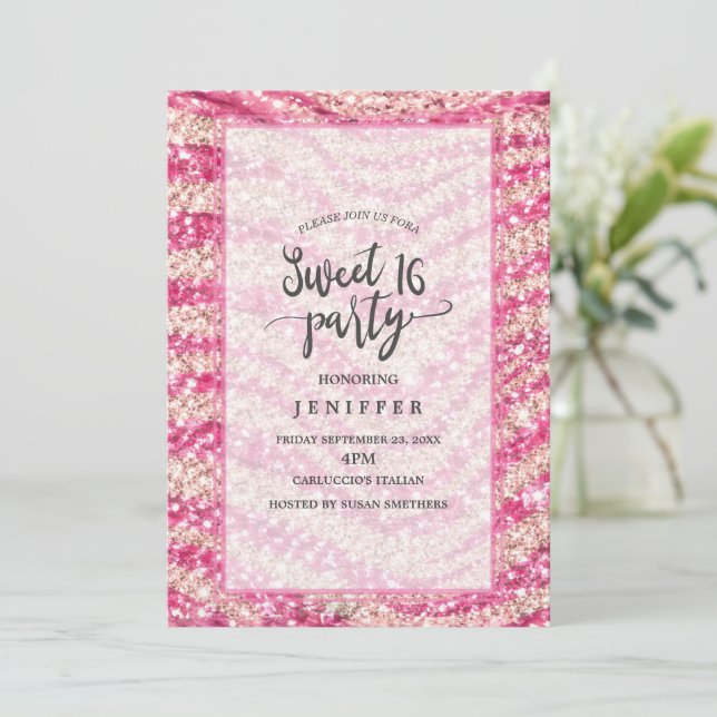 Girly Pink Blush Glitter Zebra Pattern             Invitation (Standing Front)