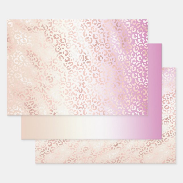 Girly Pink Blush Peach Glam Leopard Print Tie dye Wrapping Paper Sheet (Set)