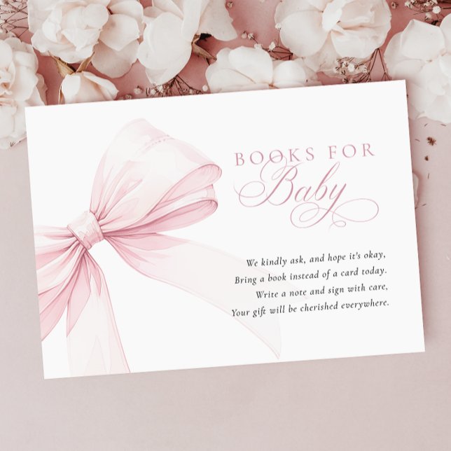 Girly Pink Bow Baby Shower Books for Baby Enclosure Card (Creator Uploaded)