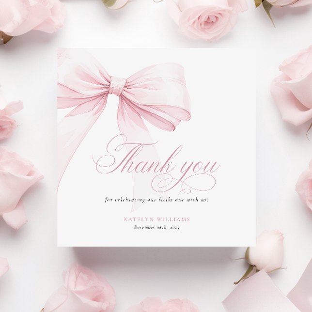 Girly Pink Bow Baby Shower Square Thank You Card (Creator Uploaded)