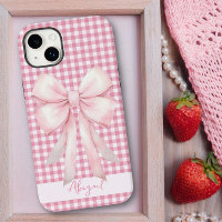 Girly Pink Bow Gingham Plaid Personalised