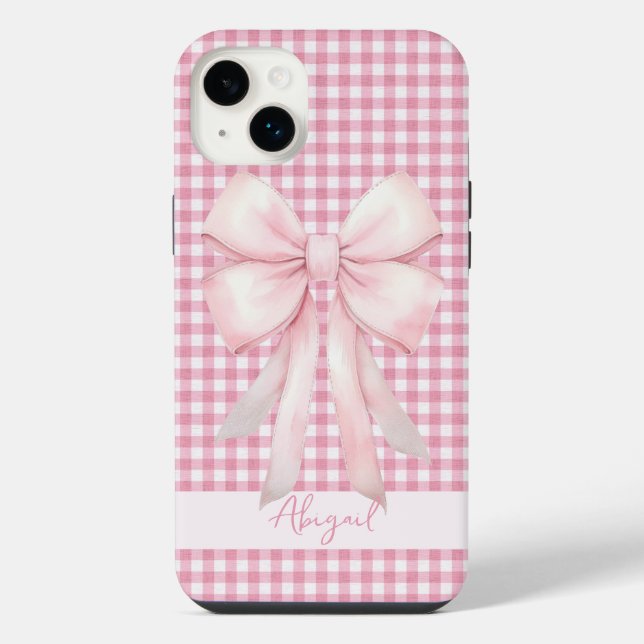 Girly Pink Bow Gingham Plaid Personalised iPhone Case (Back)