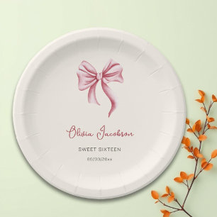 Girly Pink Bow Girl Sweet Sixteen Birthday Paper Plate