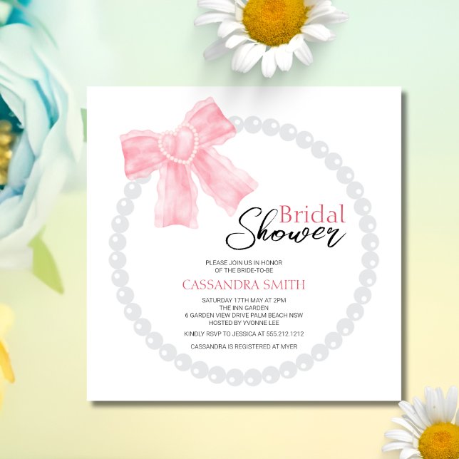 Girly Pink Bow White Circle Pearl Bridal Shower  Invitation (Creator Uploaded)