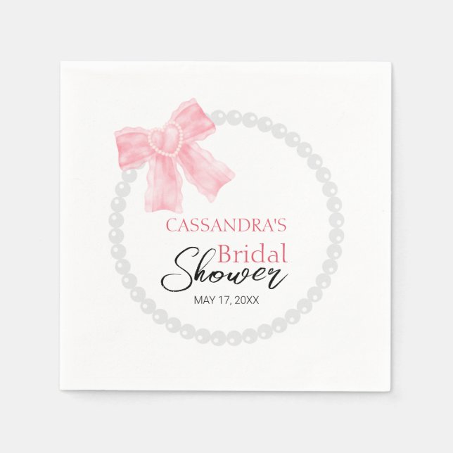 Girly Pink Bow White Circle Pearl Bridal Shower  Napkin (Front)