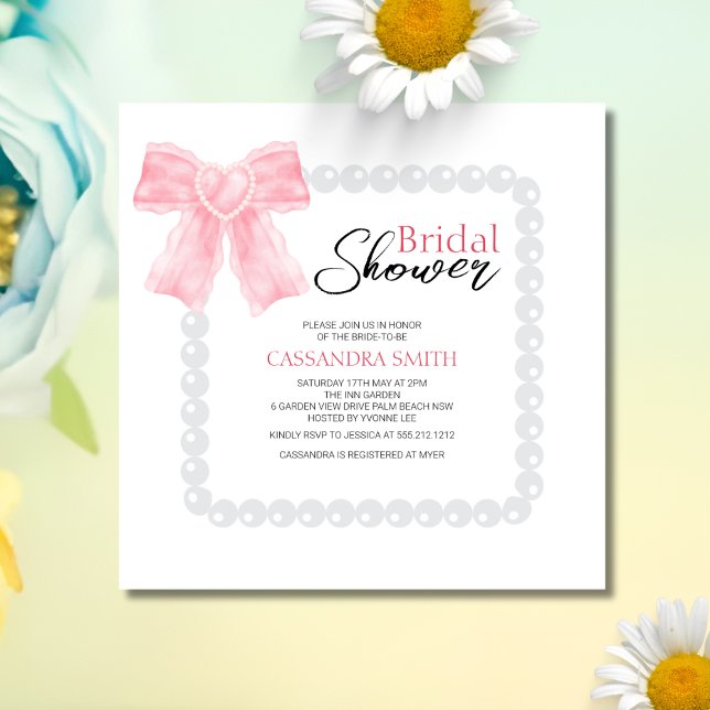 Girly Pink Bow White Pearl Bridal Shower  Invitation (Creator Uploaded)