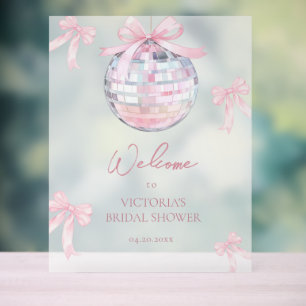 Girly Pink Bows Shiny Disco Ball Bridal Shower Acrylic Sign