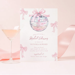 Girly Pink Bows Shiny Disco Ball Bridal Shower Invitation