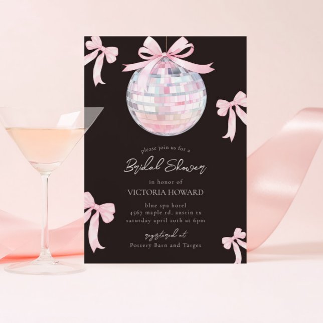 Girly Pink Bows Shiny Disco Ball Bridal Shower Invitation (Creator Uploaded)