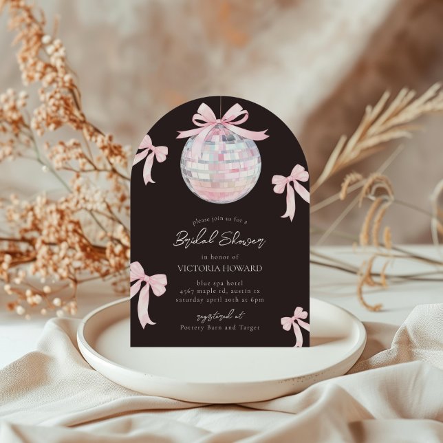 Girly Pink Bows Shiny Disco Ball Bridal Shower Invitation (Creator Uploaded)