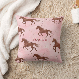 Girly Pink Brown Horses Floral Cushion