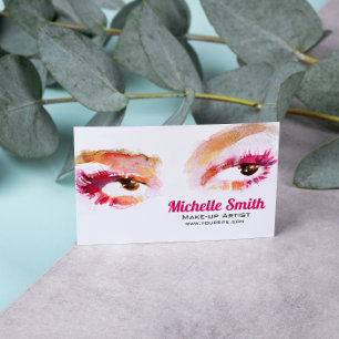 Girly Pink Brown Watercolor Eye Makeup Artist Business Card