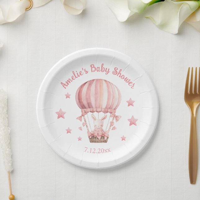 Girly Pink Bunny In Balloon and Stars Paper Plate (Creator Uploaded)