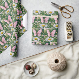 Girly Pink Butterfly and White Daisy Wrapping Paper