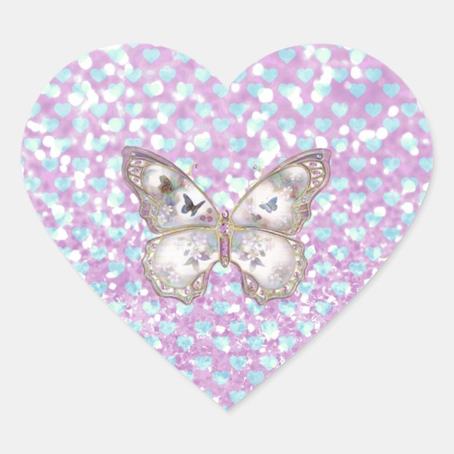 Girly Pink Butterfly Blue Hearts Glitter Pattern Heart Sticker (Front)