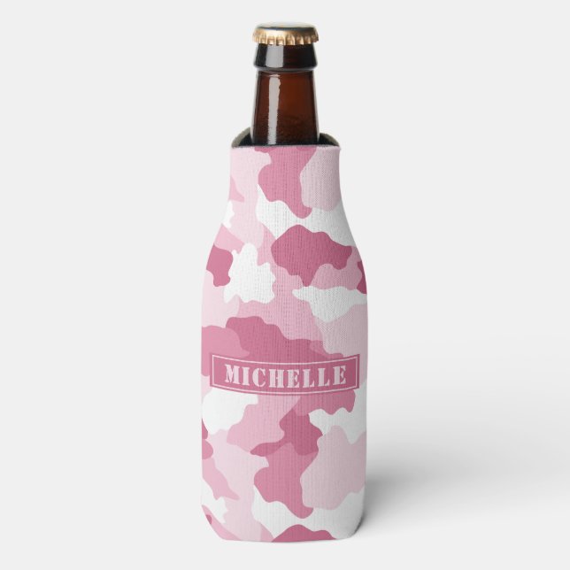 Girly Pink Camo Camouflage Monogram Name Bottle Cooler (Bottle Front)