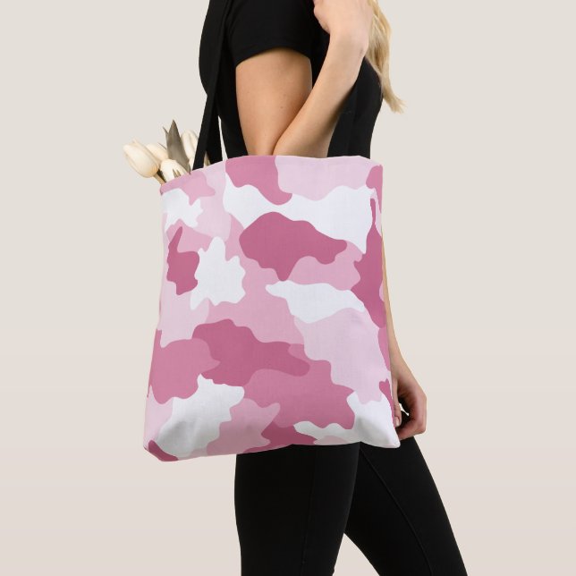 Girly Pink Camo Camouflage Pattern Tote Bag (Close Up)