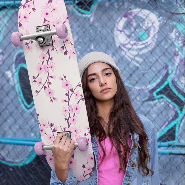 Girly Pink Cherry Blossoms Floral Beginner Skateboard (Creator Uploaded)