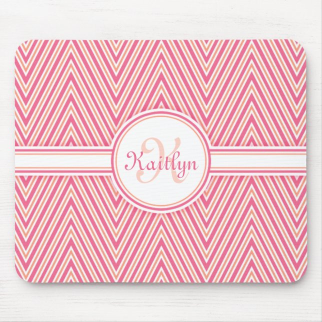 Girly Pink Chevron with Monogram Mouse Pad (Front)