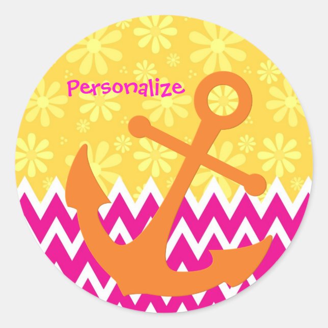 Girly Pink Chevrons Orange Anchor With Name Classic Round Sticker (Front)