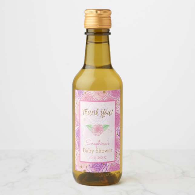 Girly Pink Chic Roses Gold Baby Shower Thank You Wine Label (Front)