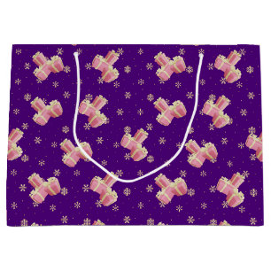 Girly Pink Christmas Presents Gold Snowflakes Large Gift Bag